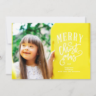 Weihnachtskarte mit weißer Schrift und Foto Feiertagskarte