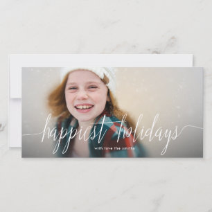Weihnachtskarte mit weißer Schrift und Foto "Fröhl Feiertagskarte