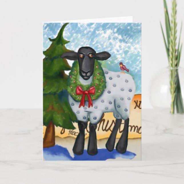 Weihnachtskarte mit Ziege und Kranz Feiertagskarte (Vorderseite)