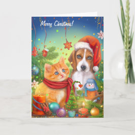 Weihnachtskarte. Niedliche Katze und Hund. Frische Karte