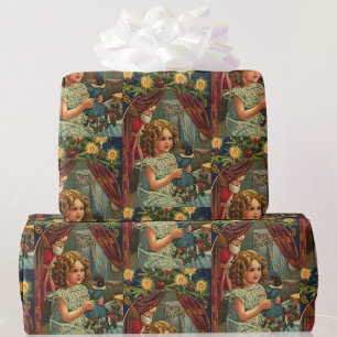 Weihnachtskarte Santa Girl u Puppe Geschenkpapier