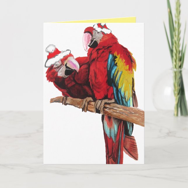 Weihnachtskarte Santa Macaws Red Parrot Karte (Vorderseite)