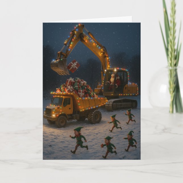 Weihnachtskarte Santa, Weihnachtselfen, Bagger,  Karte (Vorderseite)