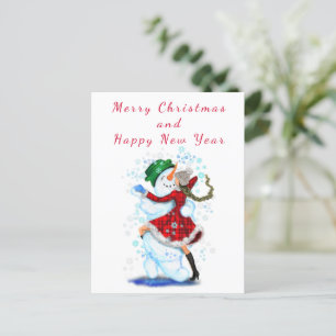 Weihnachtskarte Snowman and Girl Dance - Spaß Postkarte