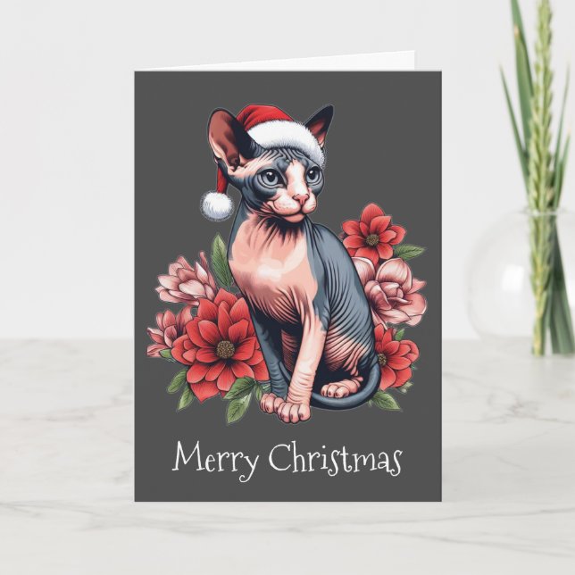 Weihnachtskarte | Sphynx Cat Tragen einer Weihnach Karte (Vorderseite)