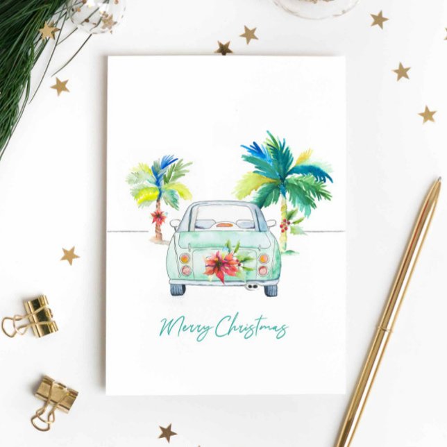 Weihnachtskarte Tropisches Florida Wasserfarbe Karte (Tropical holiday greeting cards features Christmas palm tree and car design by Victoria Grigaliunas)