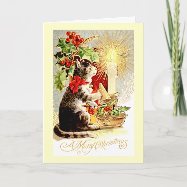 Weihnachtskarte Vintage Katze und Kerze Feiertagskarte (Vorderseite)