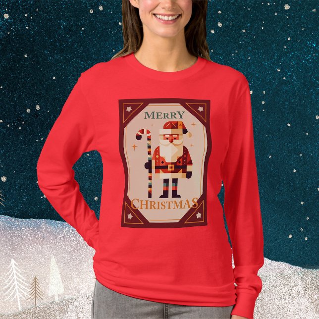 Weihnachtskarte von Santa Claus mit Zuckerstange T-Shirt (Christmas Card of Santa Claus With Candy Cane. Women Basic Long Sleeve T-Shirt)