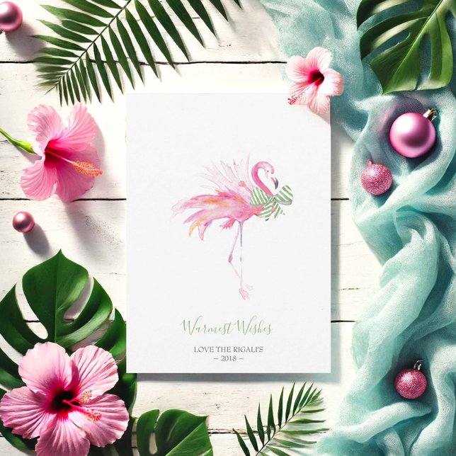 Weihnachtskarte, Weihnachtskarte, rosa Flamingo Feiertagskarte (Tropical pink flamingo Christmas card for pinkmas. Watercolor art by Victoria Grigaliunas)