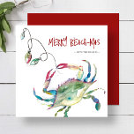 Weihnachtskarten am Strand Wassercolor Blue Crab Feiertagskarte<br><div class="desc">Feiern Sie die Saison mit diesen Weihnachtskarten am Strand mit einer festlichen Aquarellkrebse, die in farbenfrohen Urlaublichtern verpackt ist. Die fröhliche Nachricht "Merry Beach-mas" wird in spielerischer Schrift-Typografie angezeigt, was diese niedlichen Weihnachtskarten zu einer lustigen und küstennahen Drehung auf den traditionellen Weihnachtskarten macht. Passen Sie Ihre Grußkarte für Weihnachten mit...</div>