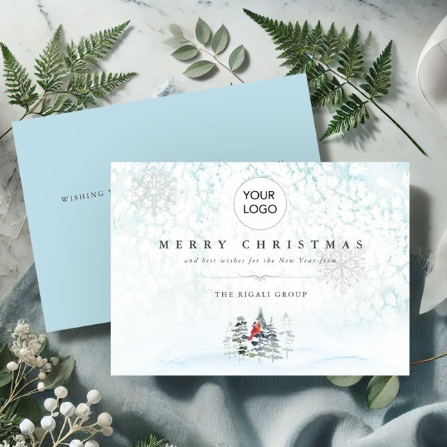 Weihnachtskarten für Unternehmen mit Logo Einladung (Business Christmas cards with logo blue winter scene with pine trees and a red cardinal.)