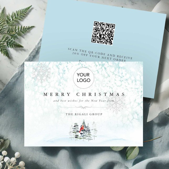 Weihnachtskarten für Unternehmen mit Logo und QR-C Einladung (Business Christmas cards with qr-code and logo watercolor blue winter scene pine trees and cardinal)