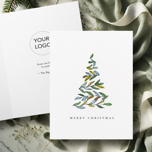 Weihnachtskarten mit Logo Botanischer Baum Feiertagskarte (Business Christmas cards with logo watercolor and line art tree by Victoria Grigaliunas DoTellABelle)