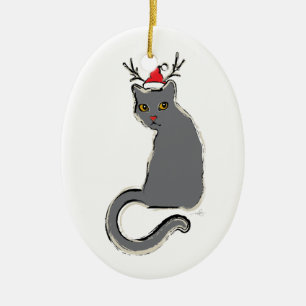 Weihnachtskat mit roter Nose Keramikornament