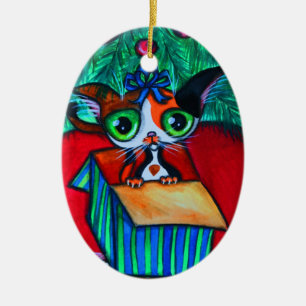 Weihnachtskatzchen in Geschenkschmuck Keramik Ornament