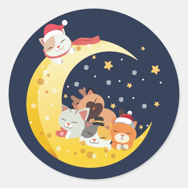 Weihnachtskätzchen Katzen Mond Space Winterställe Runder Aufkleber (Vorderseite)