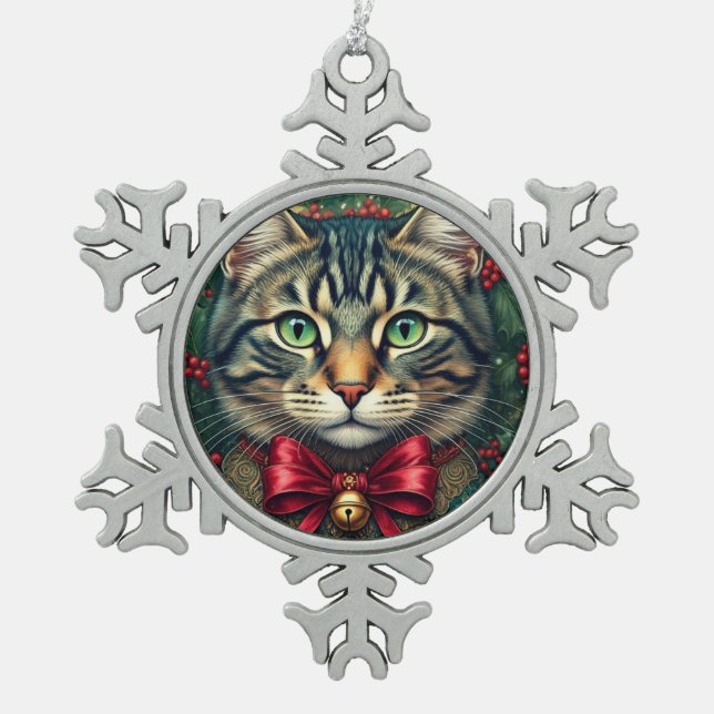 Weihnachtskatze 2024 schneeflocken Zinn-Ornament (Vorderseite)