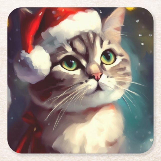 Weihnachtskatze 2 rechteckiger pappuntersetzer (Vorderseite)