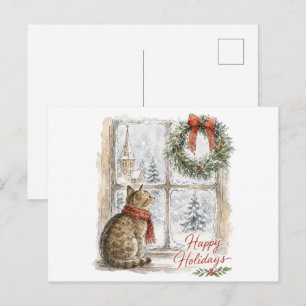 Weihnachtskatze am Fenster mit Kranz Postkarte