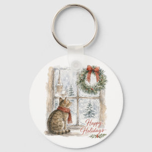 Weihnachtskatze am Fenster mit Kranz Schlüsselanhänger