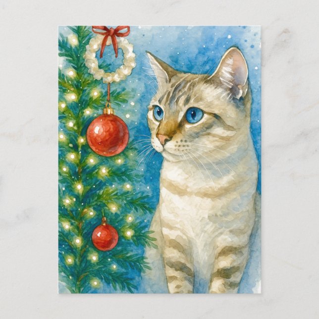 Weihnachtskatze an der Baum Postkarte (Vorderseite)