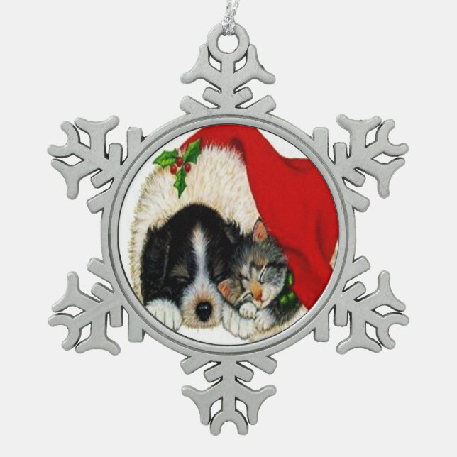 Weihnachtskatze & Hunde Schneeflocken Schneeflocken Zinn-Ornament (Vorderseite)