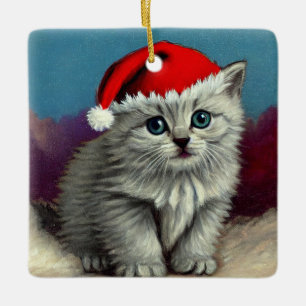 Weihnachtskatze im Nikolaushut im Vintage-Stil Keramikornament