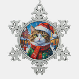 Weihnachtskatze im Nikolaushut Schneeflocken Zinn-Ornament