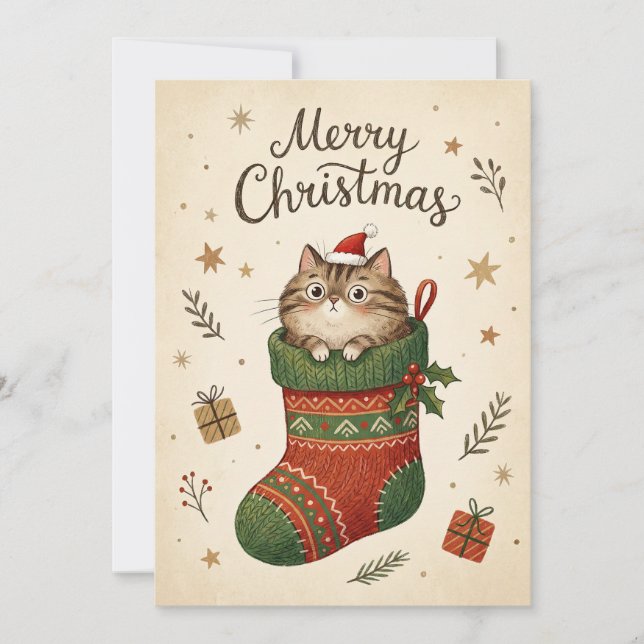 Weihnachtskatze im Strumpf Feiertagskarte (Vorderseite)