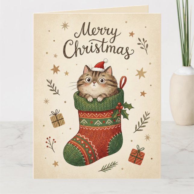 Weihnachtskatze im Strumpf Karte (Vorderseite)