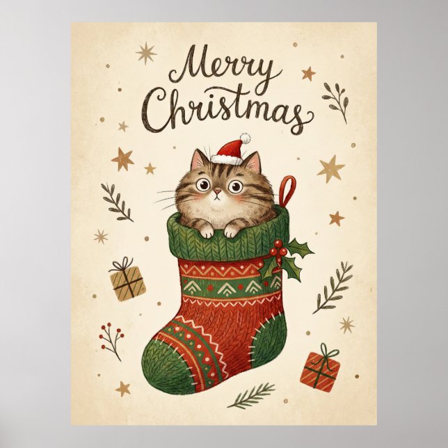 Weihnachtskatze im Strumpf Poster (Vorne)