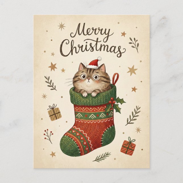 Weihnachtskatze im Strumpf Postkarte (Vorderseite)
