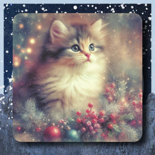Weihnachtskatze im Vintage-Stil Quadratischer Aufkleber