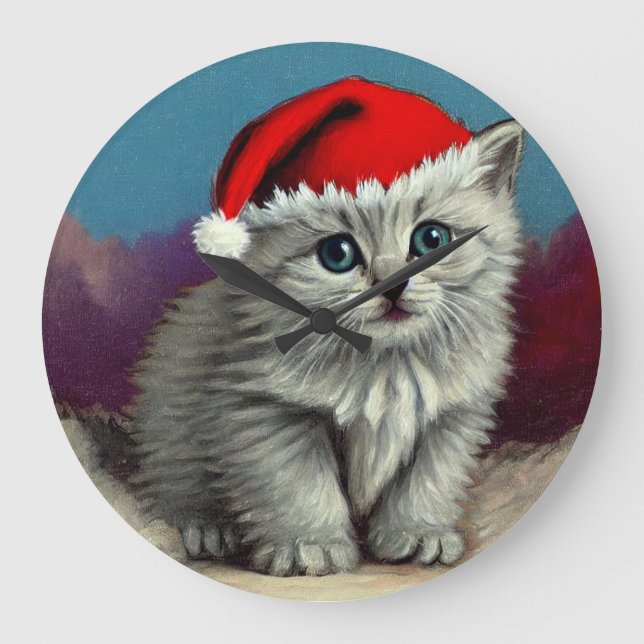 Weihnachtskatze im Weihnachtsmannmütze Große Wanduhr (Vorderseite)