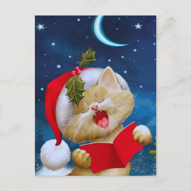 Weihnachtskatze in der Nacht Weihnachtskarte Postkarte (Vorderseite)