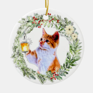 Weihnachtskatze in Kraut mit Laterne Personalisier Keramik Ornament