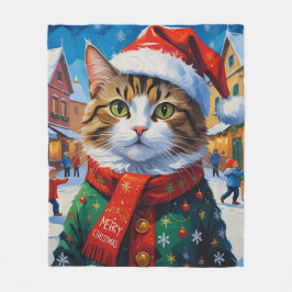 Weihnachtskatze in Weihnachtsmannmütze Fleecedecke
