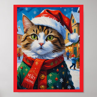 Weihnachtskatze in Weihnachtsmannmütze Poster