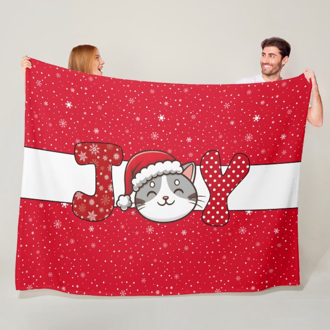 Weihnachtskatze "JOY" Red White Snowflake & Dots Fleecedecke (Beispiel)