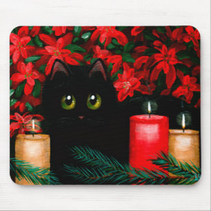 Weihnachtskatze Kunst Poinsettien Schwarze Katze Mousepad