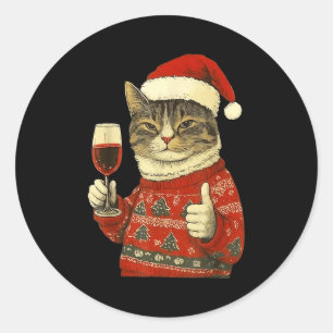 Weihnachtskatze mag süße Katze, die Wein mit Sa tr Runder Aufkleber