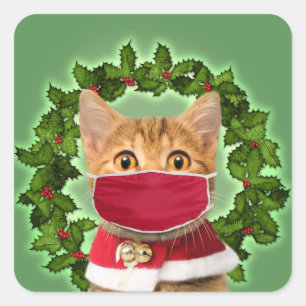 Weihnachtskatze mit Koronavirus-Maske Quadratischer Aufkleber