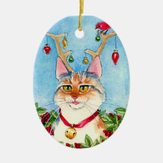 Weihnachtskatze mit Rentierverzierungen Keramik Ornament