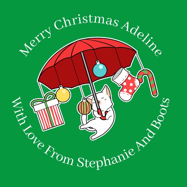Weihnachtskatze mit rotem Regenschirm auf Grün Geschenkpapier (Von Creator hochgeladen)