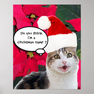 WEIHNACHTSKATZE MIT SANTA CLAUS HUT UND POINSETTIE POSTER