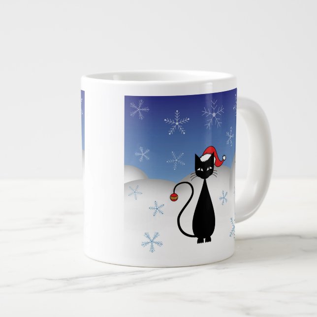 Weihnachtskatze mit Schneeflocken Jumbo-Tasse (Vorderseite Rechts)