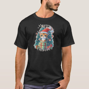 Weihnachtskatze mit Weihnachtsmannmütze für Jungen T-Shirt