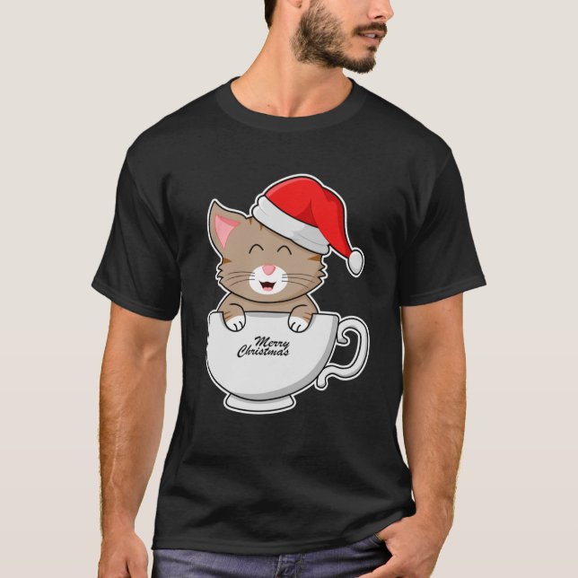 Weihnachtskatze mit Weihnachtsmannmütze in einem C T-Shirt (Vorderseite)
