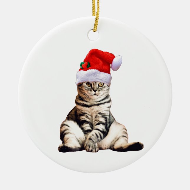 Weihnachtskatze mit Weihnachtsmannmütze Keramik Ornament (Vorne)