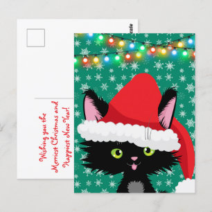 Weihnachtskatze mit Weihnachtsmannmütze Schneefloc Postkarte